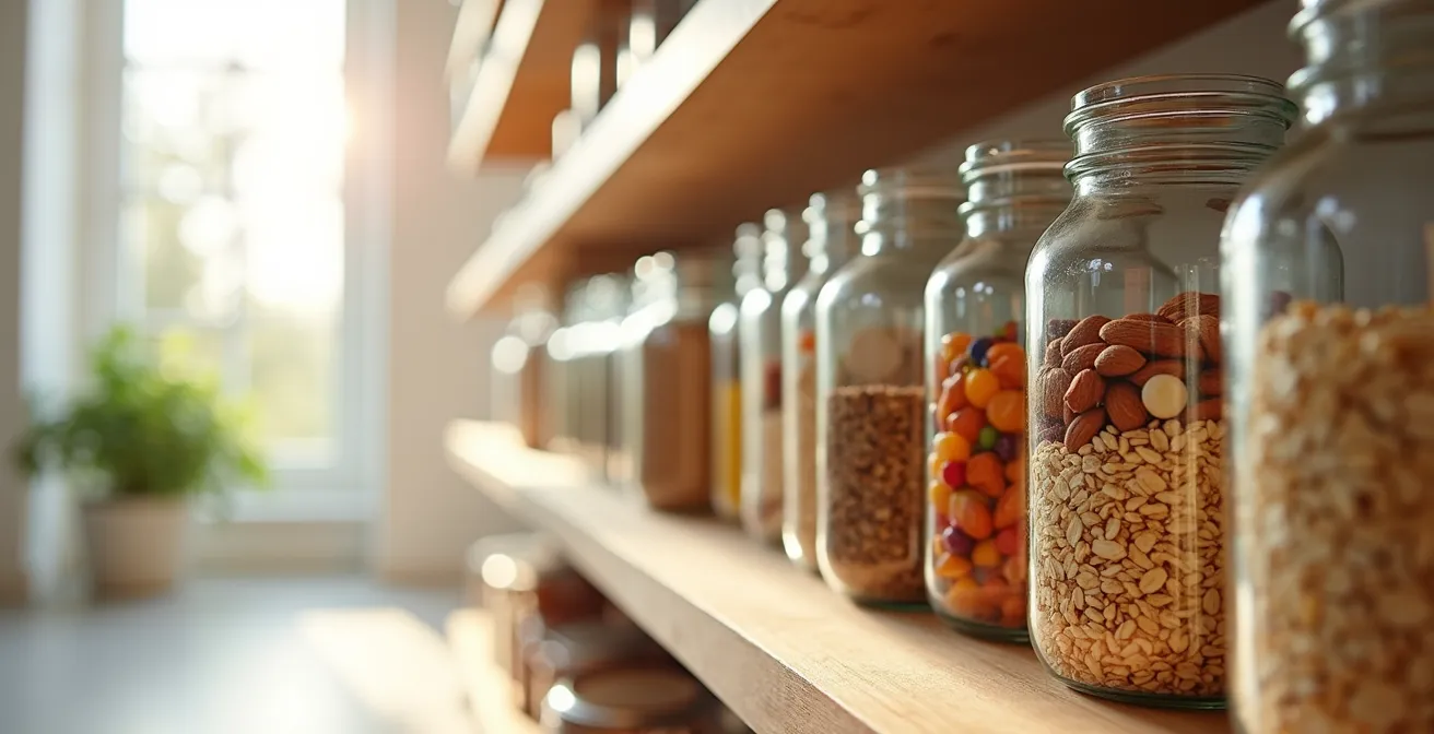 Open pantry showing organized jars of whole grains, nuts, and natural ingredients