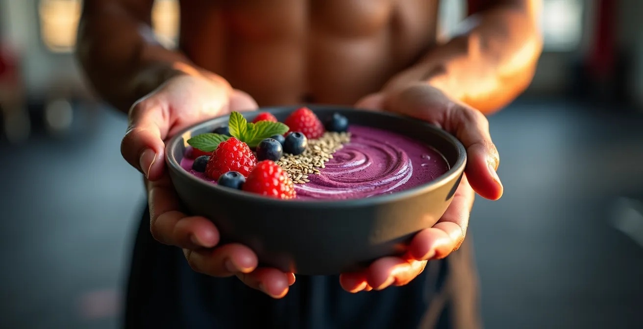 Athletic recovery bowl with visible protein powder swirls in purple acai base