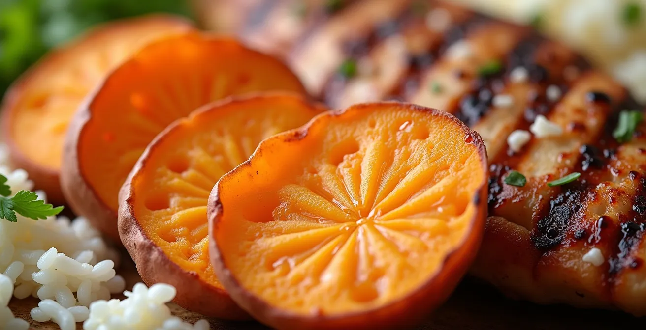 Athletic meal preparation showing protein and carbohydrate sources arranged by timing