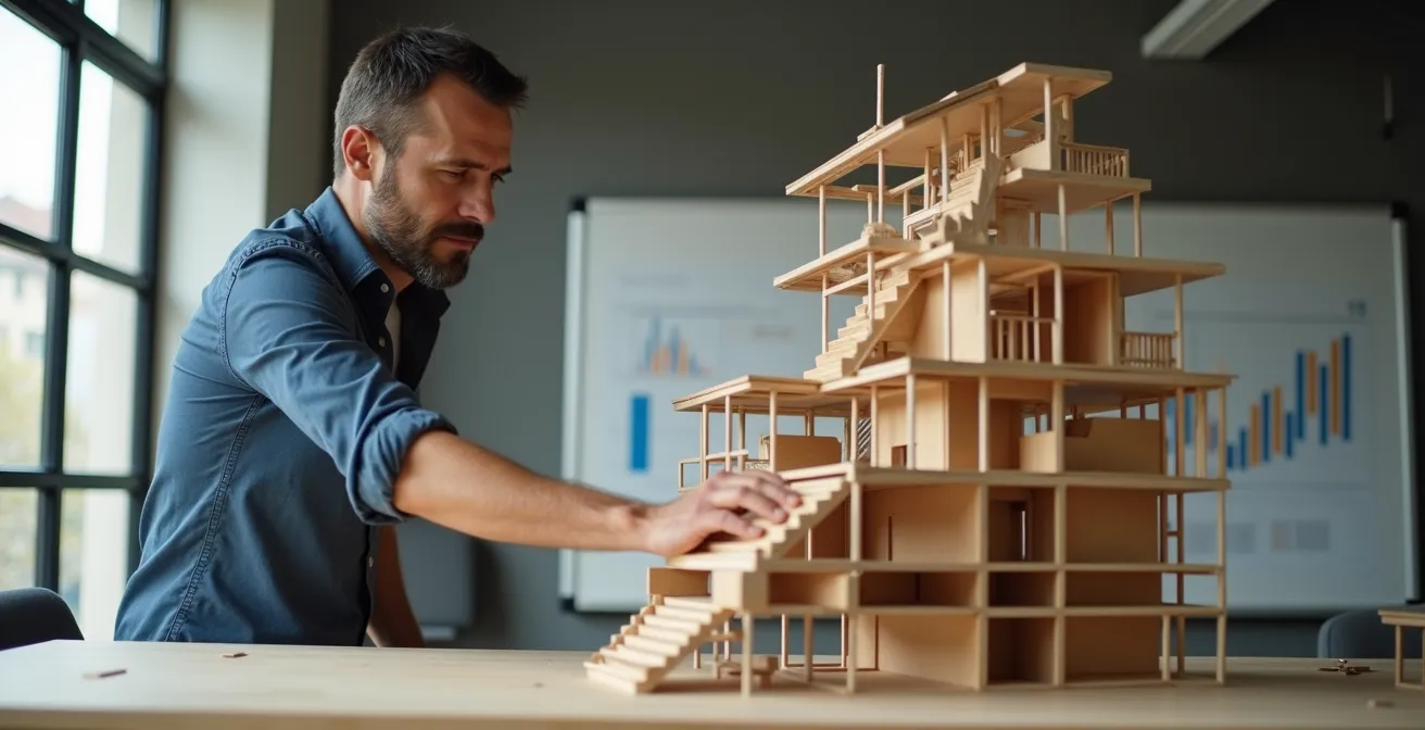 Foundation under construction with incomplete structure above showing scaling risks