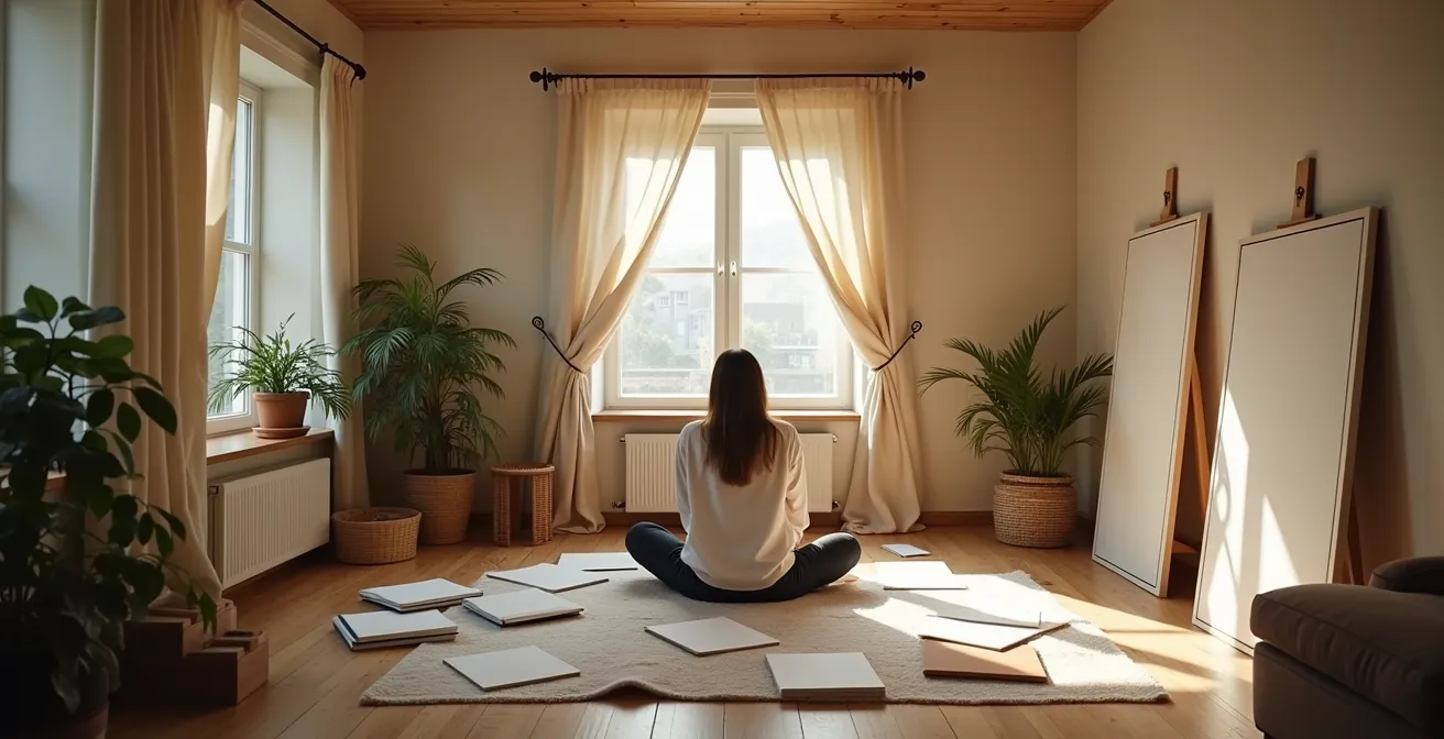 An intimate and private creative workspace, with notebooks closed and canvases turned to the wall, suggesting a protected, sacred process.