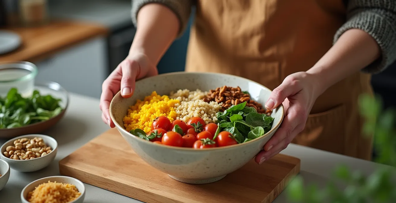 Kitchen counter with pre-prepped ingredients ready for quick meal assembly
