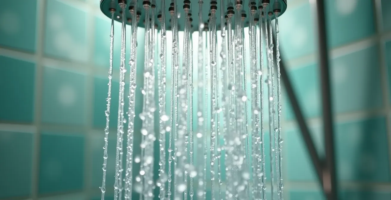Close-up macro shot of water droplets from rainfall shower head showing pressure patterns