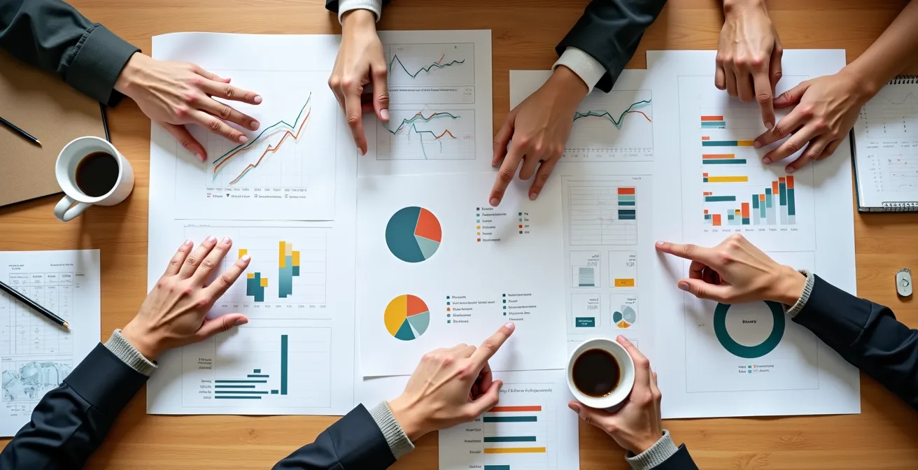 Overhead view of startup team analyzing multiple financial scenarios on table