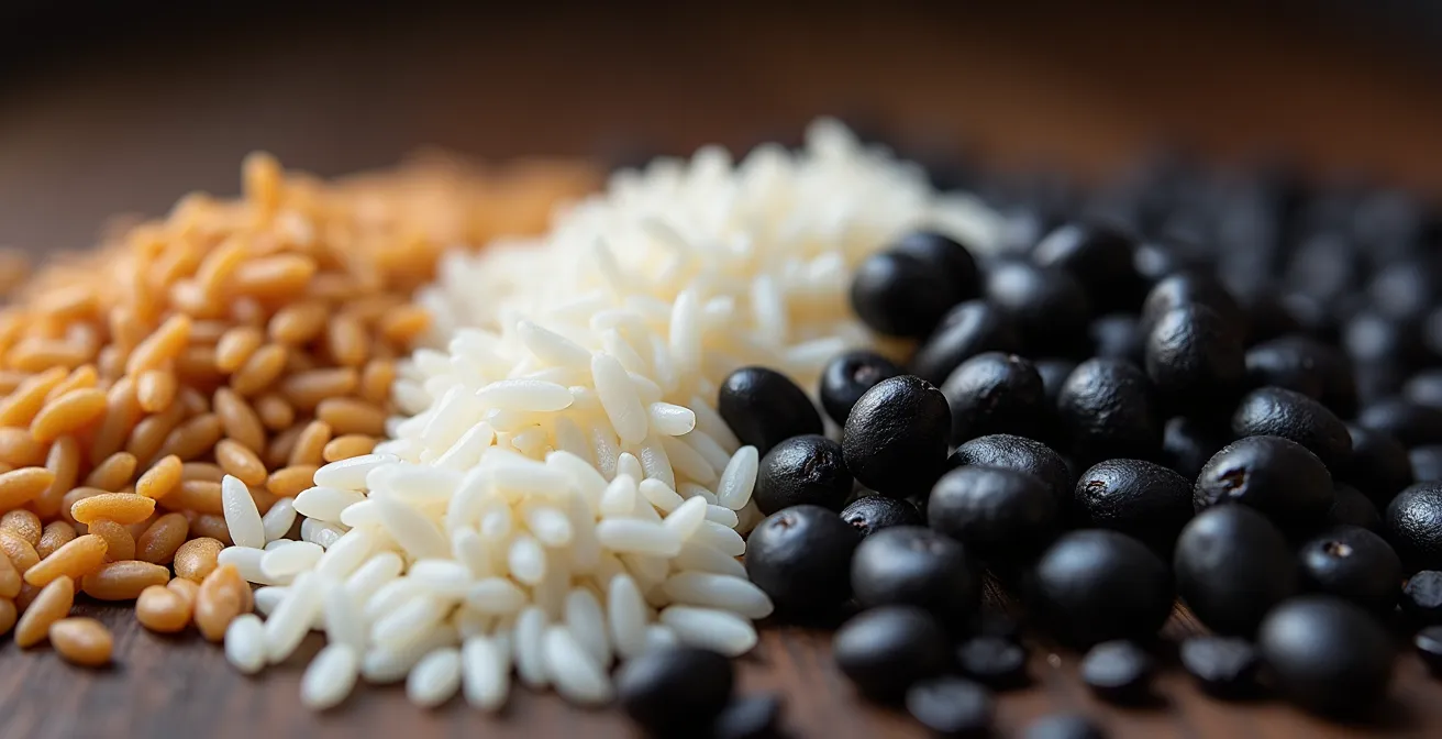 Extreme close-up of rice grains and black beans showing texture contrast