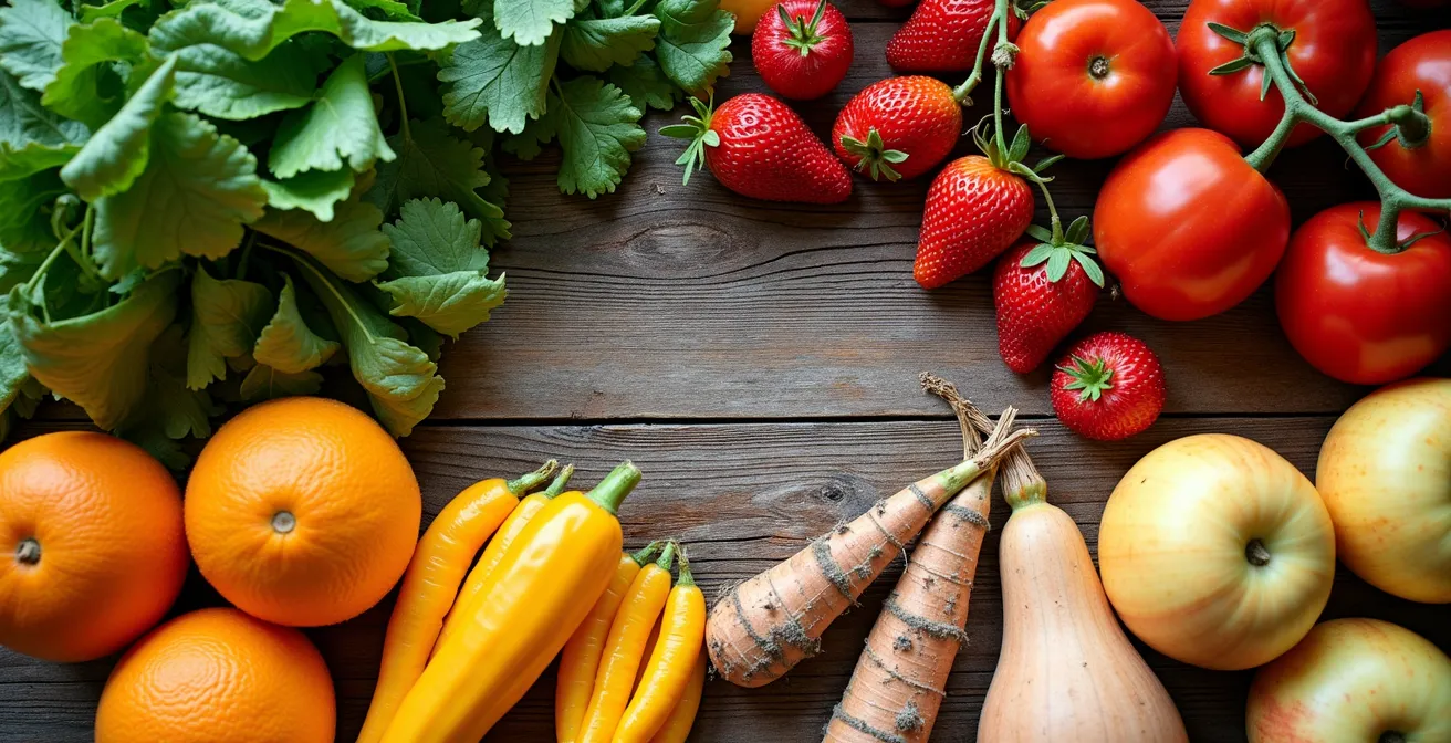 Circular arrangement of seasonal produce representing the four seasons