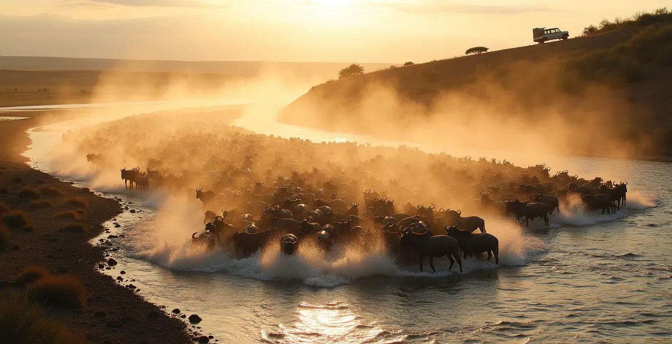 Wildebeest crossing river with single safari vehicle observing from hillside distance