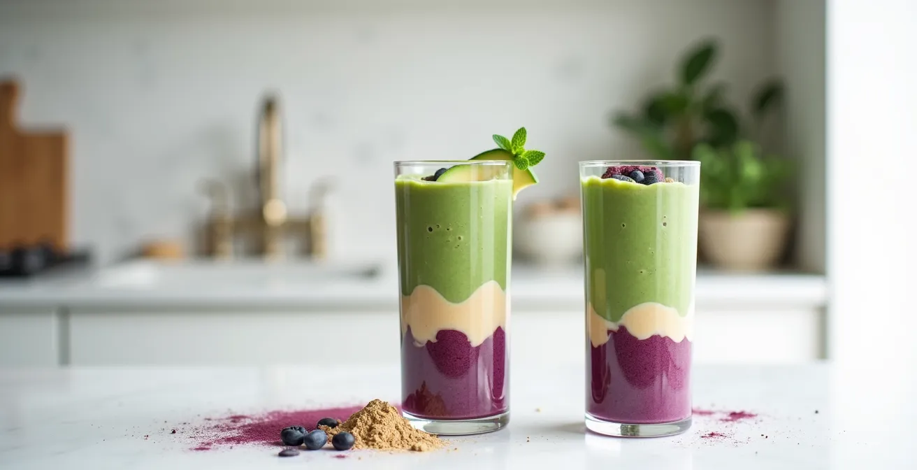 Layered green smoothie showing spirulina integration with visible texture gradients