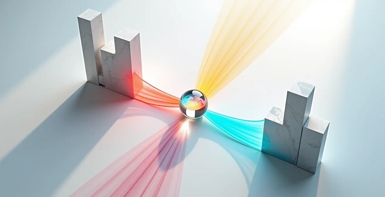 Abstract visualization of A/B testing with diverging paths and data flows