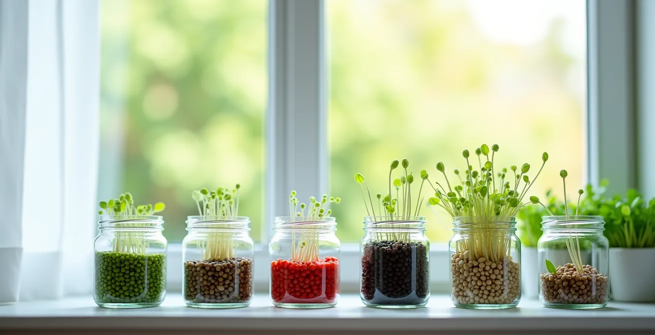 Wide angle view of sprouting lentils at different stages in natural light