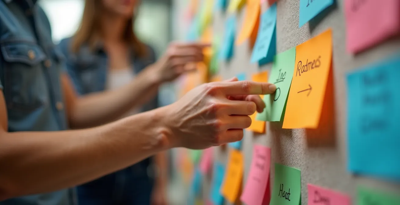 Team celebrating learning moment with hypothesis board in background