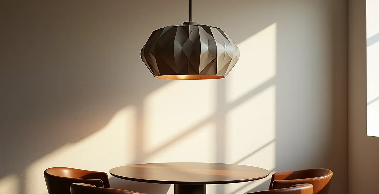 Minimalist room with dramatic pendant light creating visual anchor and zones