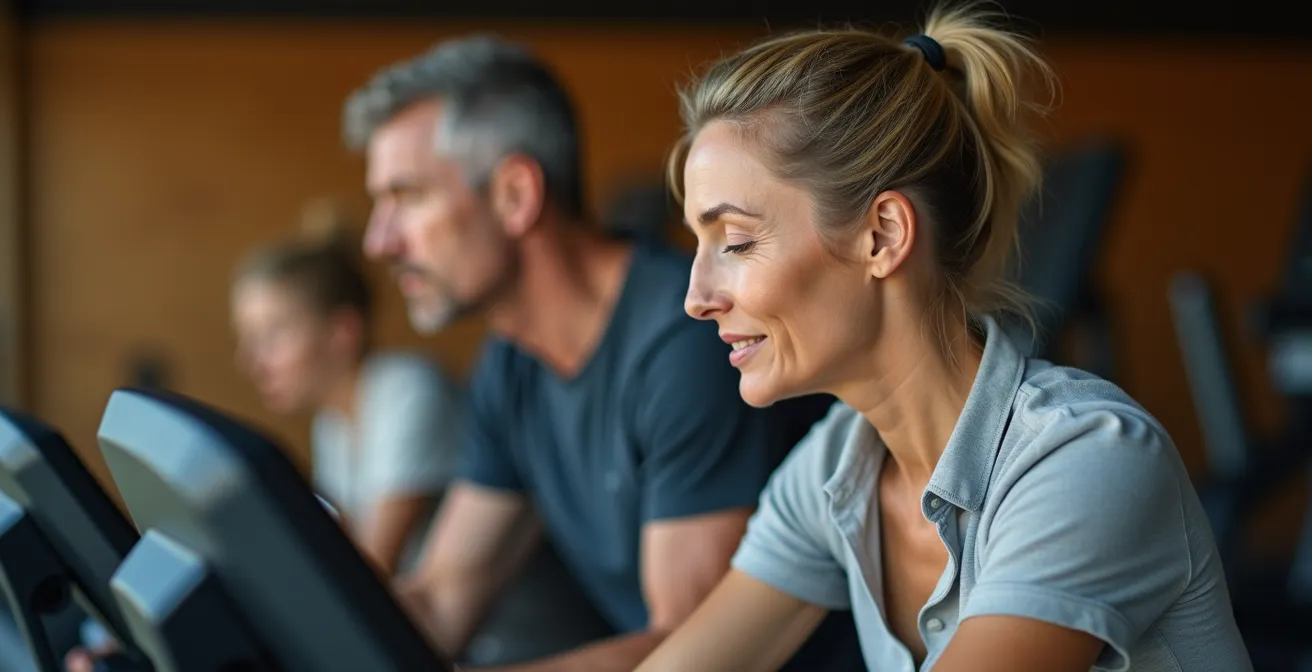 Person monitoring heart rate during steady-state cardio exercise