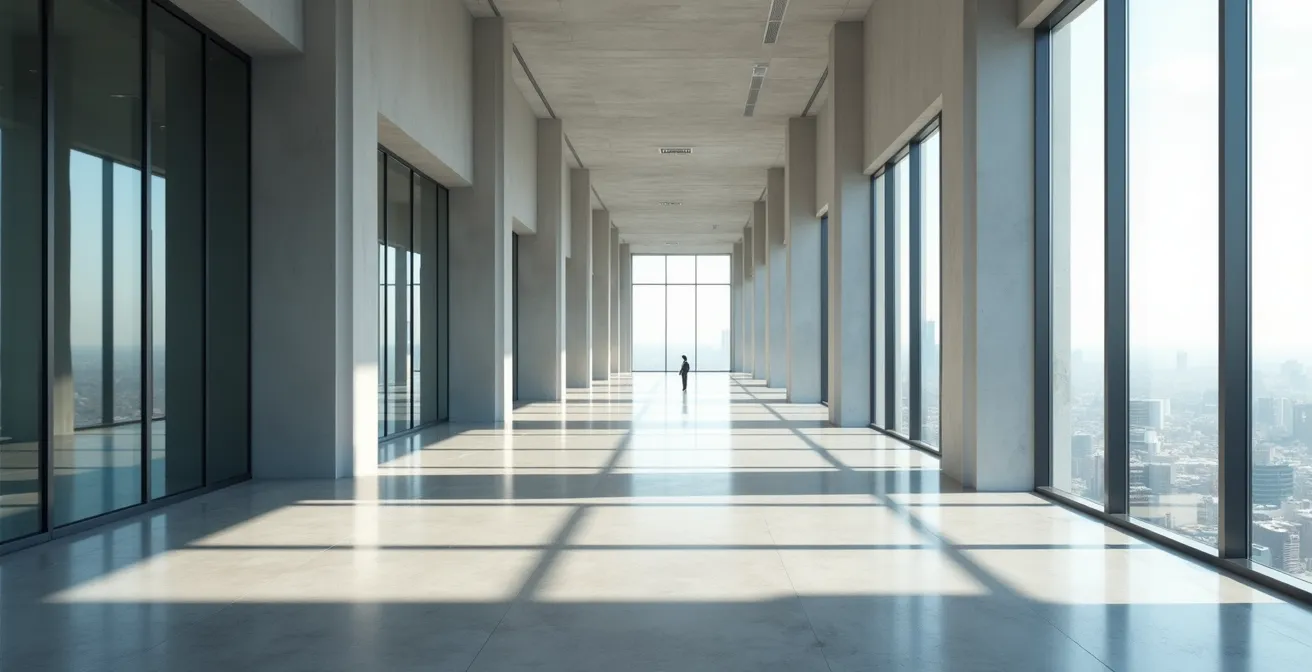 Wide environmental shot of office space with abstract light patterns representing recurring revenue flow