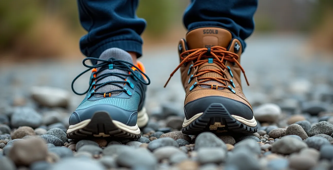Close-up comparison of hiking boot and trail runner on rocky terrain