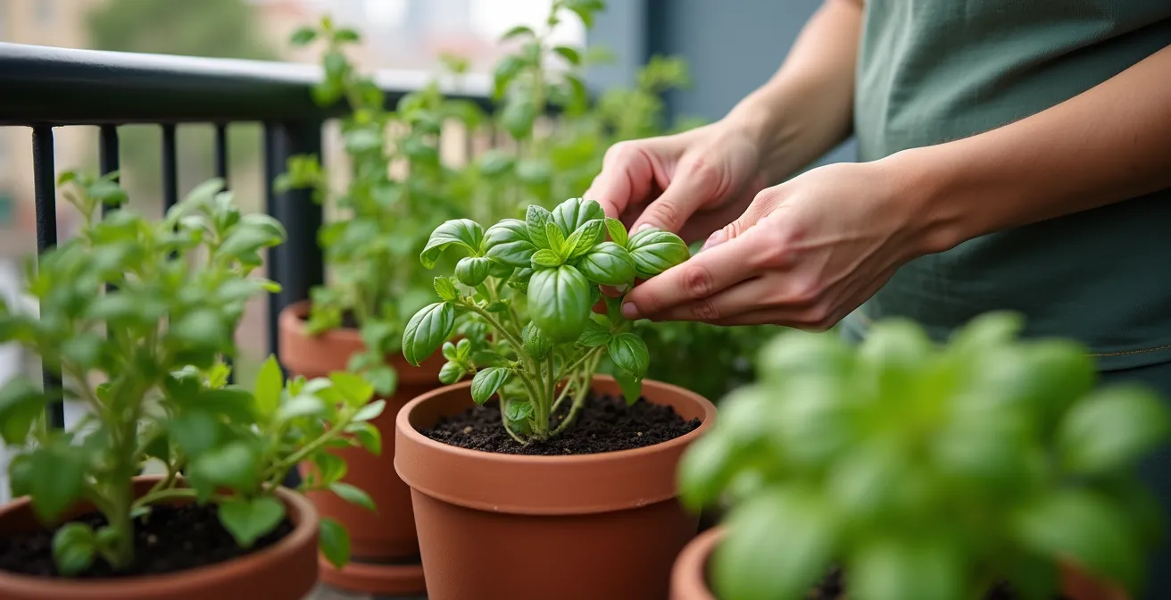 Thriving vertical garden on urban balcony with herbs and vegetables