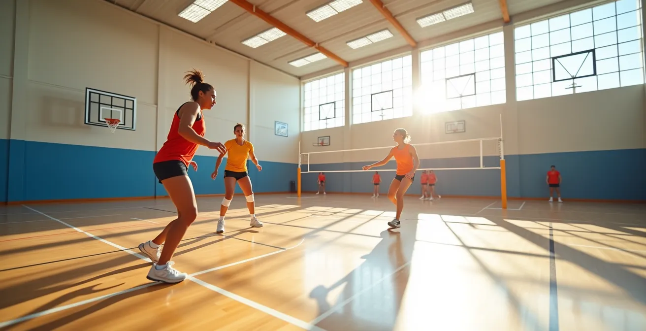 Mature athletes playing volleyball in an indoor court showing proper low-impact technique