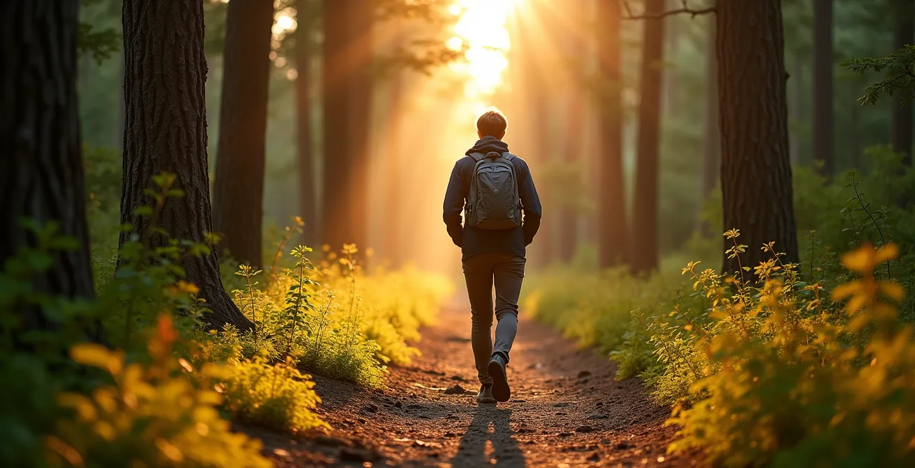 Person engaged in mindful hiking activity during golden hour, demonstrating deep play in nature