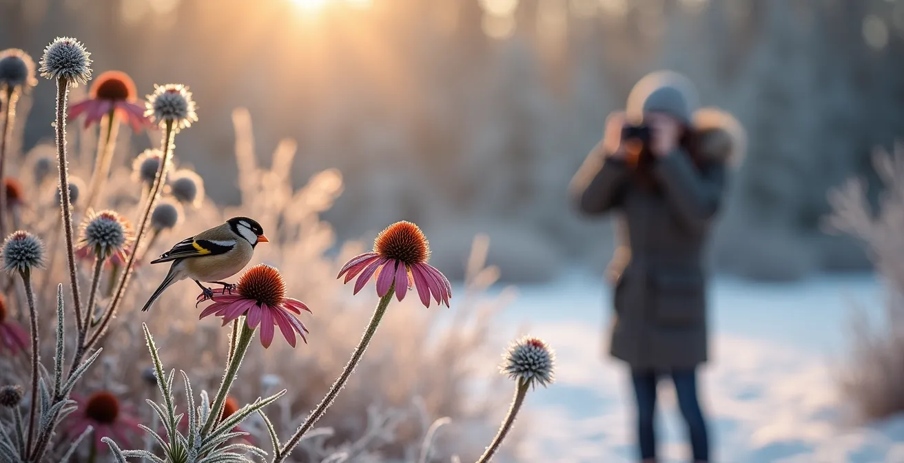 Frost-covered seed heads providing winter food for garden birds