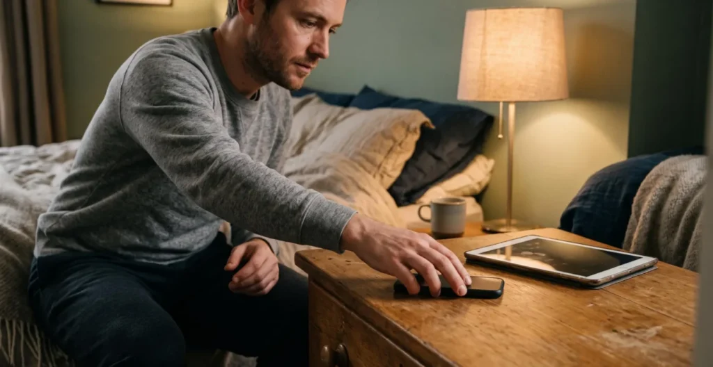 Man placing his smartphone face-down on a bedroom dresser, creating distance from electronic devices before sleep Man placing his smartphone face-down on a bedroom dresser, creating distance from electronic devices before sleep