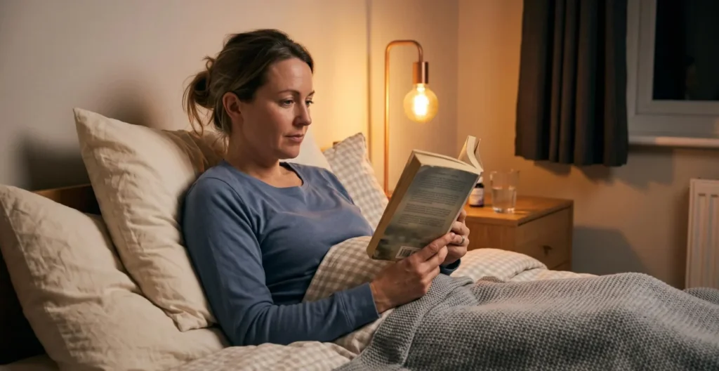 Person reading a paperback book in bed under warm bedside lamp light as part of evening wind-down routine Person reading a paperback book in bed under warm bedside lamp light as part of evening wind-down routine