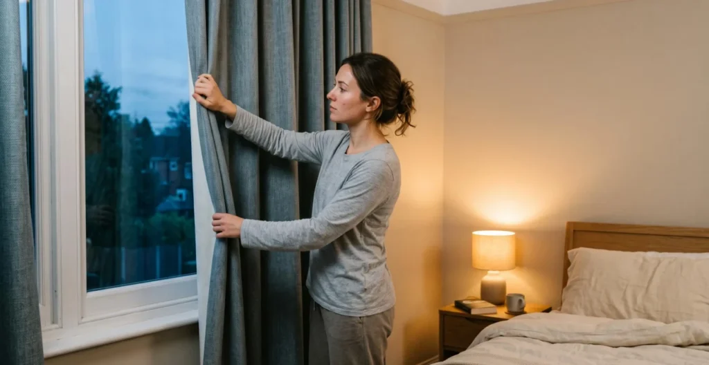 Woman closing blackout curtains in her bedroom while a bedside lamp provides warm ambient lighting in the evening Woman closing blackout curtains in her bedroom while a bedside lamp provides warm ambient lighting in the evening