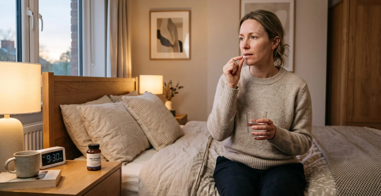 Woman taking a melatonin tablet with water beside her bedside table showing the evening time on a digital clock