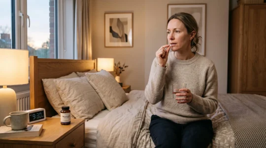 Woman taking a melatonin tablet with water beside her bedside table showing the evening time on a digital clock